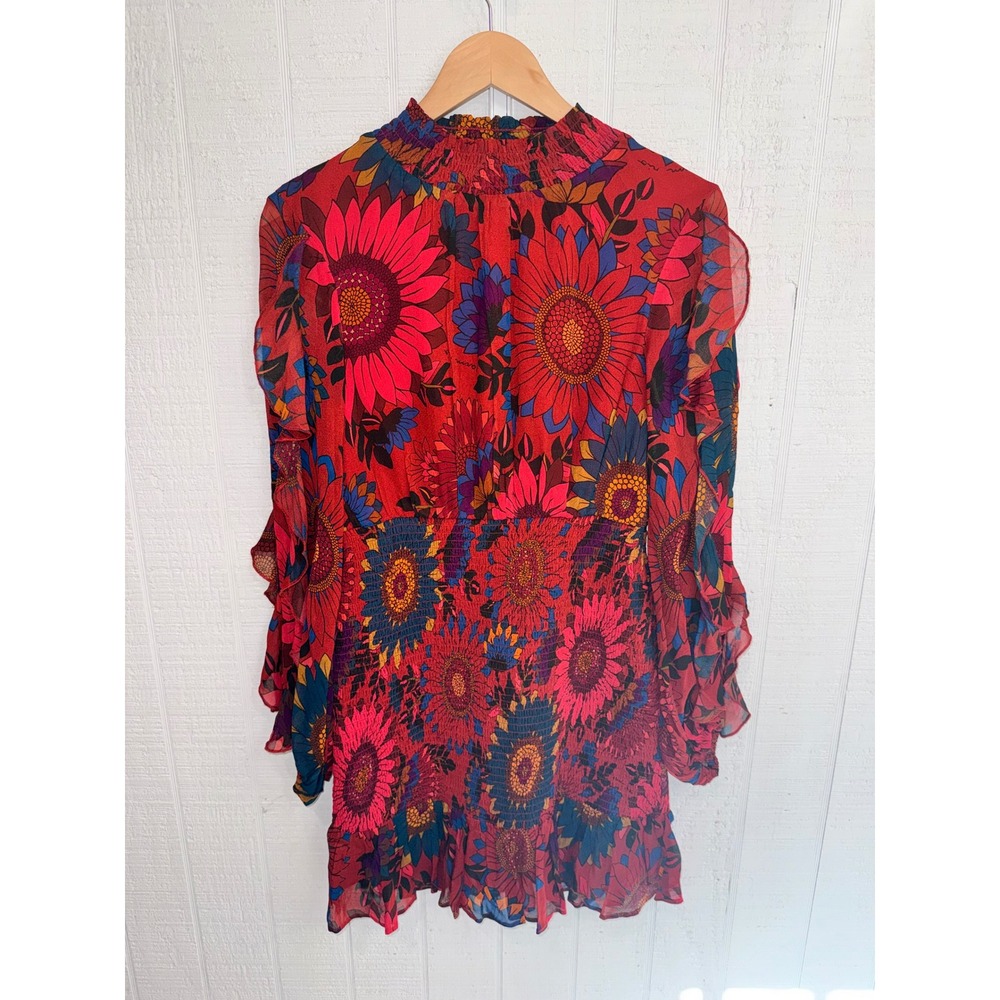 Farm Rio Mini Dress Womens Red Sunflower Smocked Ruffle Bell Sleeve Boho XS